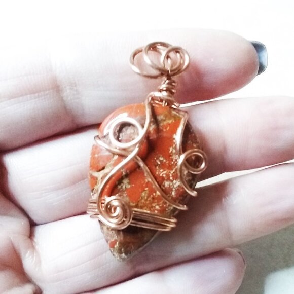 Red & Brown Jasper Pendant - Copper Wire Wrapped Bail - Picture 3 of 5